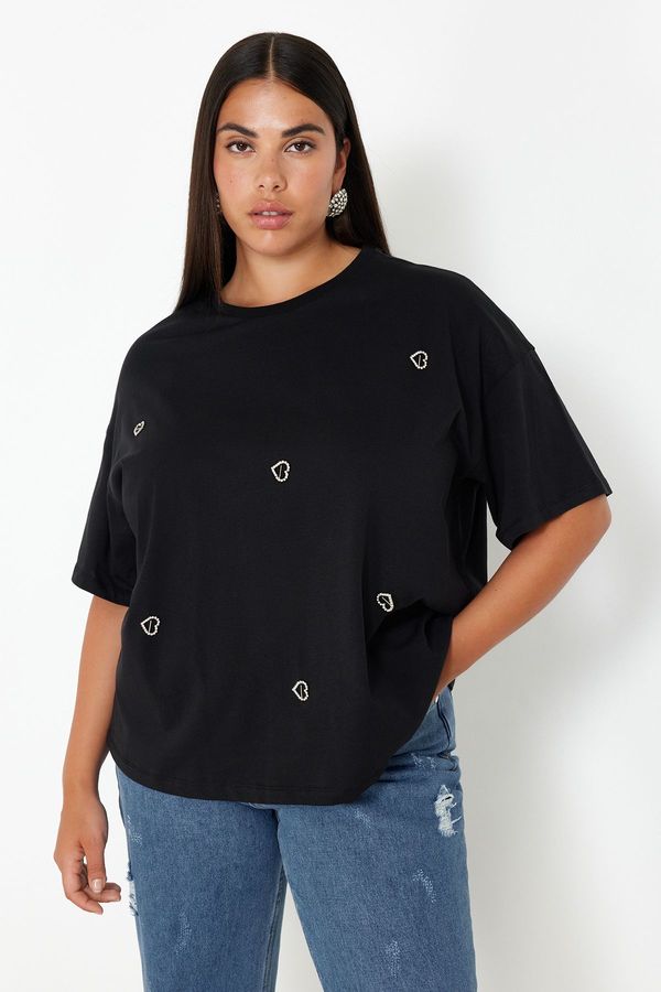 Trendyol Trendyol Curve Black Heart Accessory Detailed Oversize Knitted T-shirt