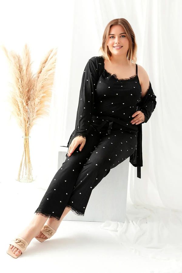 Trendyol Trendyol Curve Black Heart Patterned 3-Pack Tie and Lace Detailed Knitted Pajama Set