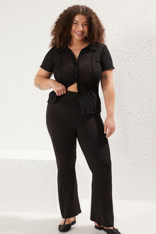 Trendyol Trendyol Curve Black High Waist Ribbed Bell-bottom Plus Size Sports Leggings