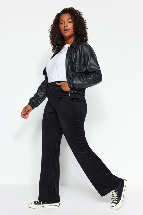 Trendyol Trendyol Curve Black High Waist Velvet Woven Trousers