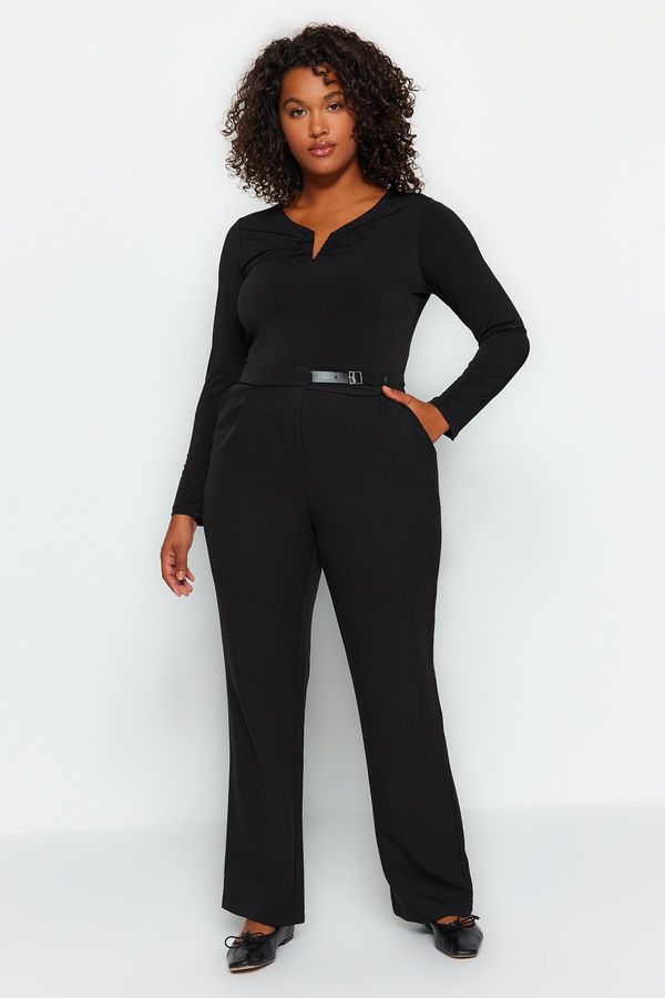 Trendyol Trendyol Curve Black High Waist Weave Trousers With Belt Detail