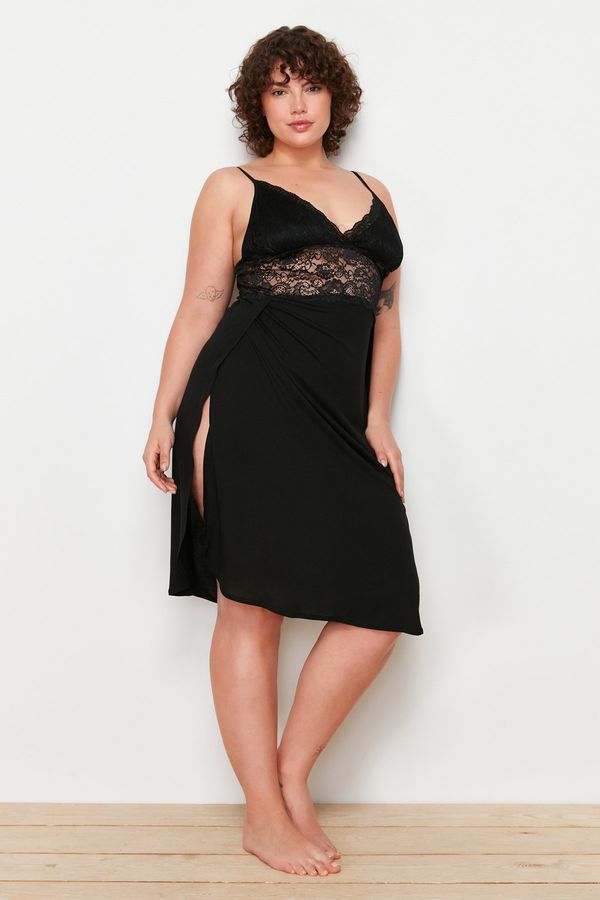 Trendyol Trendyol Curve Black Lace and Slit Detailed Knitted Nightshirt