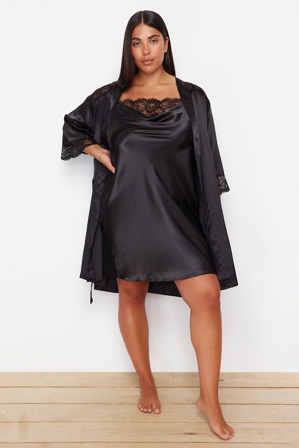 Trendyol Trendyol Curve Black Lace Detailed Belted Satin Woven Dressing Gown