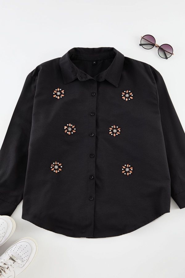 Trendyol Trendyol Curve Black Large Size Stone Embroidered Poplin Shirt