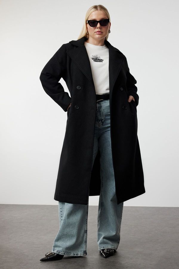 Trendyol Trendyol Curve Black Oversize Fit Double Breasted Wool Blend Cashmere Coat