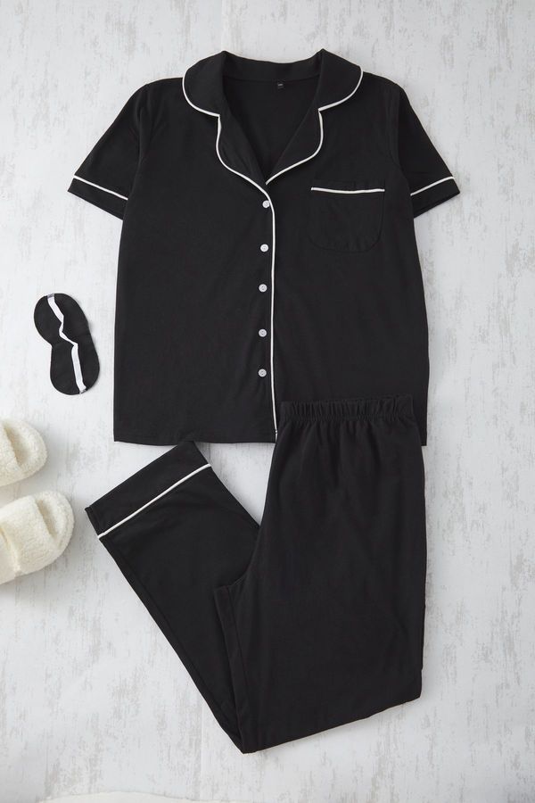 Trendyol Trendyol Curve Black Piping Detail Shirt Collar Knitted Pajama Set