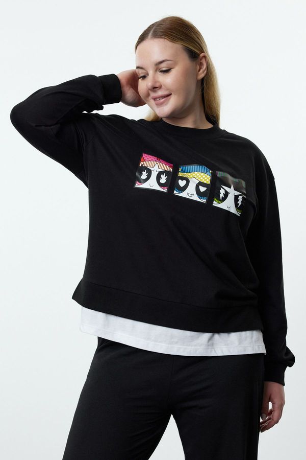 Trendyol Trendyol Curve Black Powerpuff Girls Licensed Crew Neck Knitted Plus Size Sweatshirt
