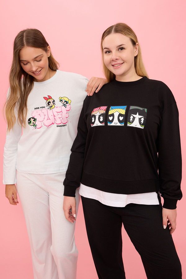 Trendyol Trendyol Curve Black Powerpuff Girls Licensed Crew Neck Knitted Plus Size Sweatshirt