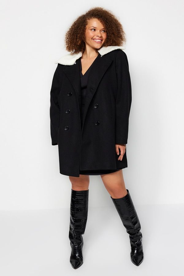Trendyol Trendyol Curve Black Regular Fit Fur Collar Detailed Wool Blend Coat