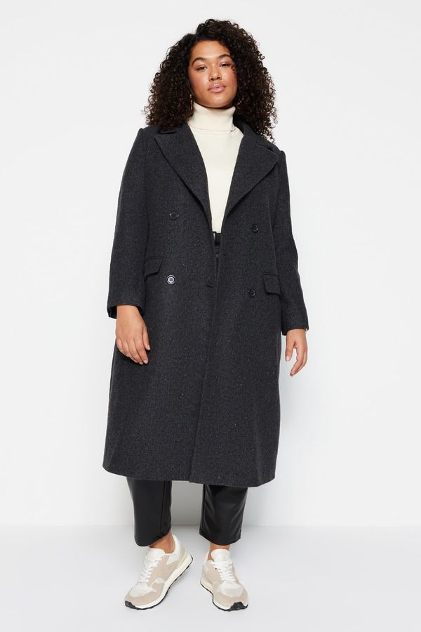 Trendyol Trendyol Curve Black Regular Fit Pocket Flap Herringbone Patterned Cashmere Coat