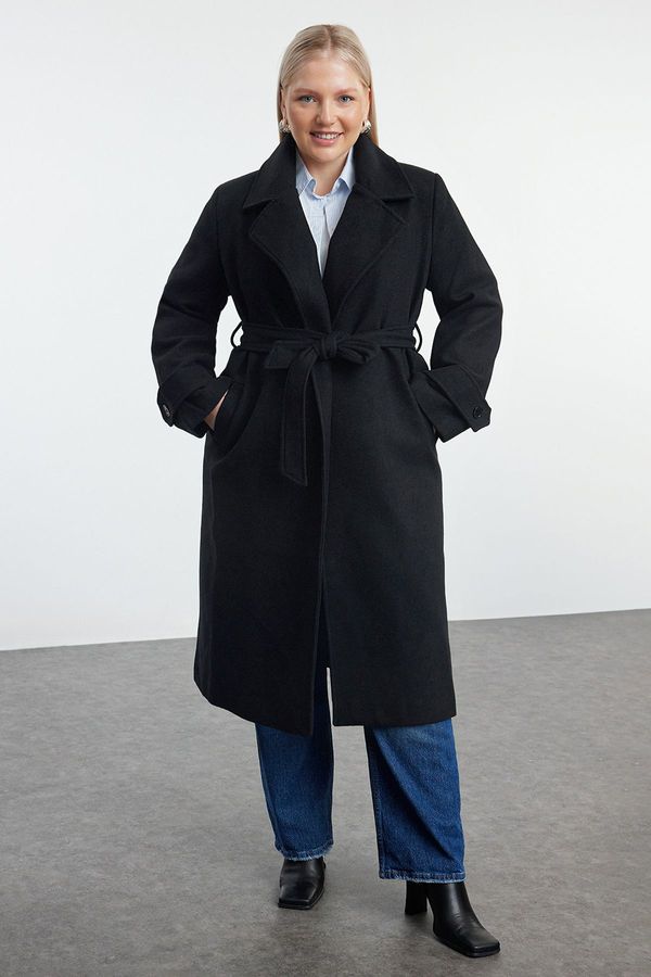 Trendyol Trendyol Curve Black Regular Fit Wide Collar Detailed Long Wool Blend Cashew Coat