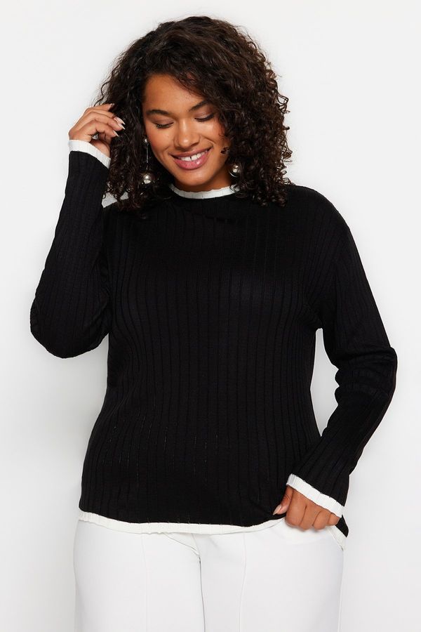 Trendyol Trendyol Curve Black Ribbed Collar Stripe Detailed Knitwear Sweater