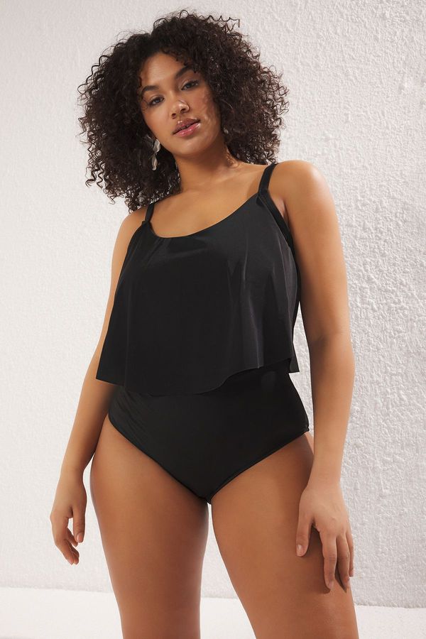 Trendyol Trendyol Curve Black Ruffle Detail Round Neck Strap Plus Size Swimsuit