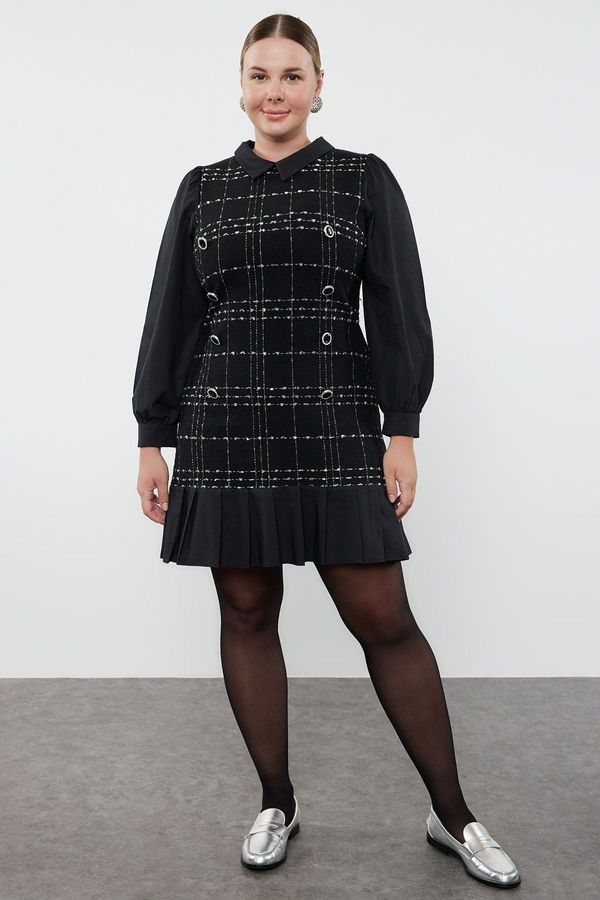 Trendyol Trendyol Curve Black Shirt Collar Plaid-Checked Mini Tweed Dress
