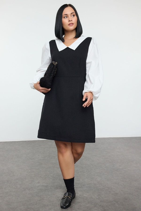 Trendyol Trendyol Curve Black Shirt Collar Tweed Woven Plus Size Dress