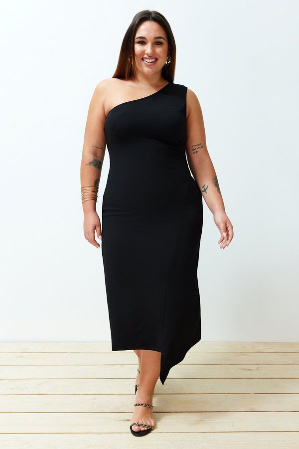 Trendyol Trendyol Curve Black Single Shoulder Asymmetrical Knitted Dress