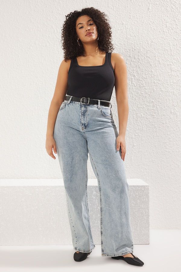 Trendyol Trendyol Curve Black Square Neck Rib Large Size Knitted Tank Top