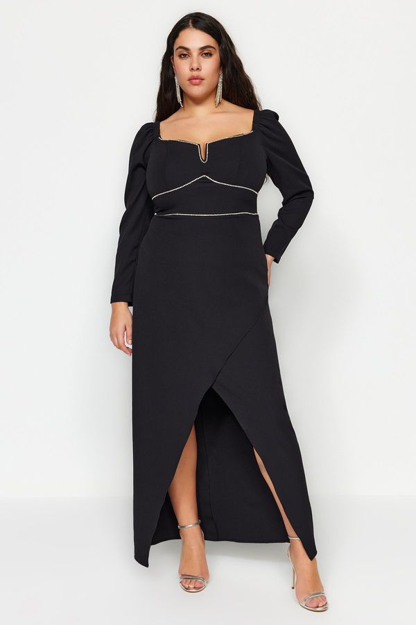 Trendyol Trendyol Curve Black Stone Embroidered Long Sleeve Slit Woven Evening Dress/Graduation/Engagement/Evening Dress