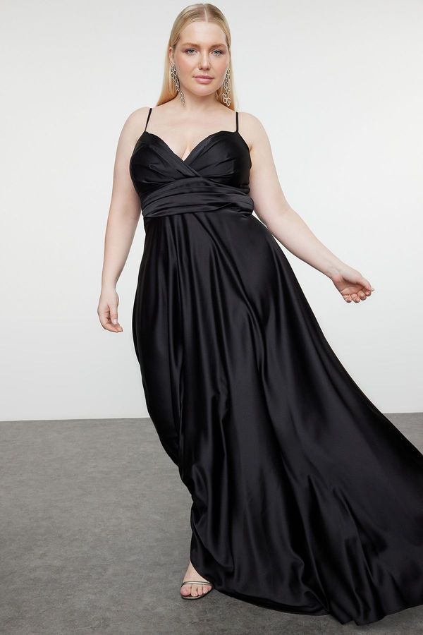 Trendyol Trendyol Curve Black Strap Double Breasted Neck A-Line Maxi Woven Plus Size Evening Dress