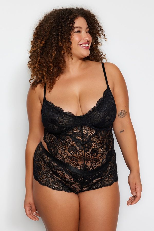 Trendyol Trendyol Curve Black Strappy Lace Plus Size Bodysuit