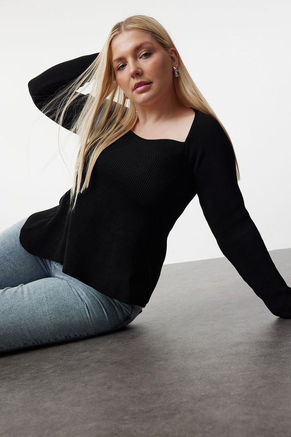 Trendyol Trendyol Curve Black Sweetheart Neckline Ribbed Knitwear Sweater