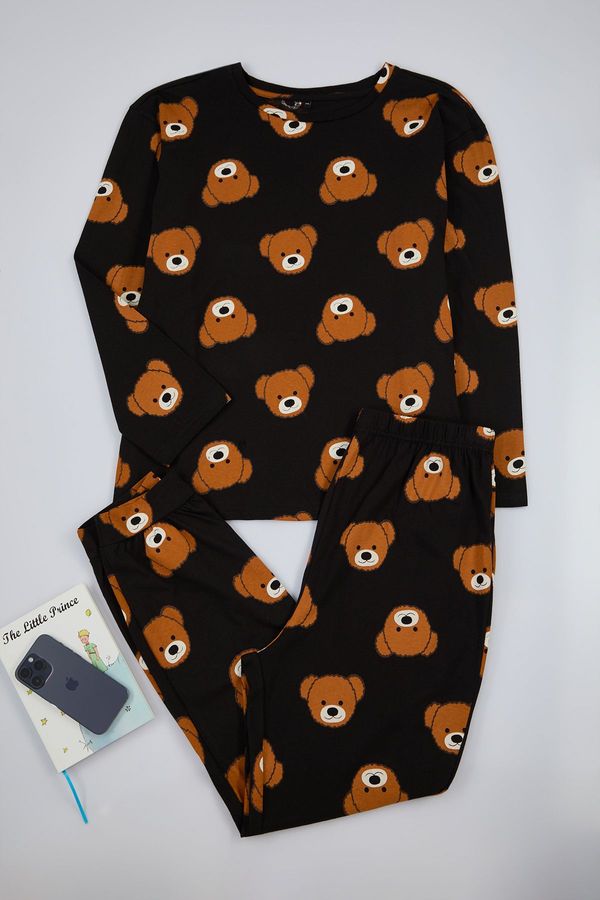 Trendyol Trendyol Curve Black Teddy Bear Patterned T-shirt-Jogger Knitted Pajama Set