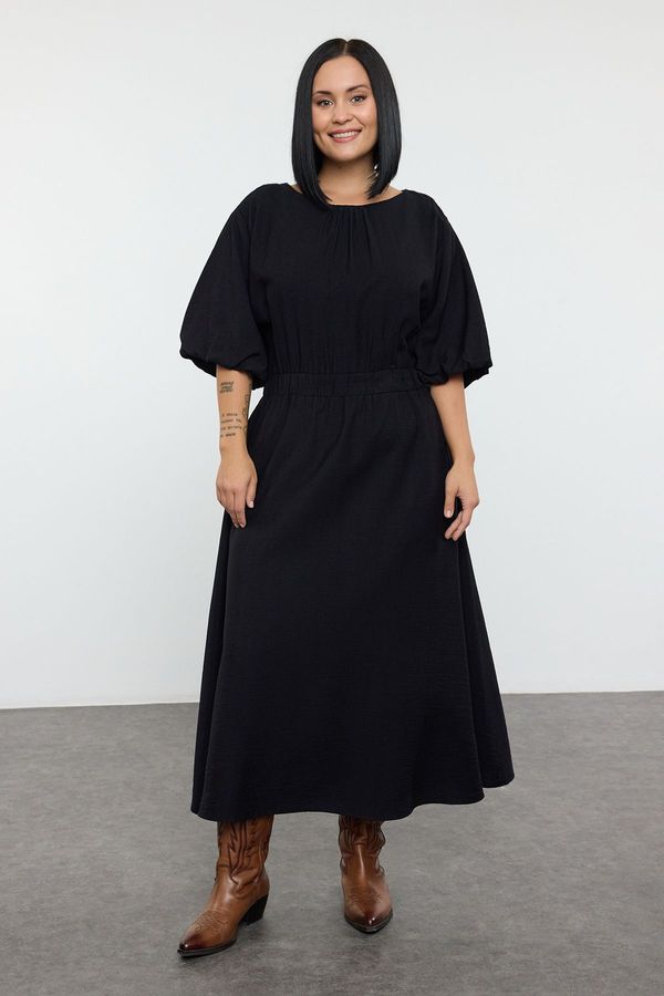 Trendyol Trendyol Curve Black Textured Balloon Sleeve Midi Woven Plus Size Dress