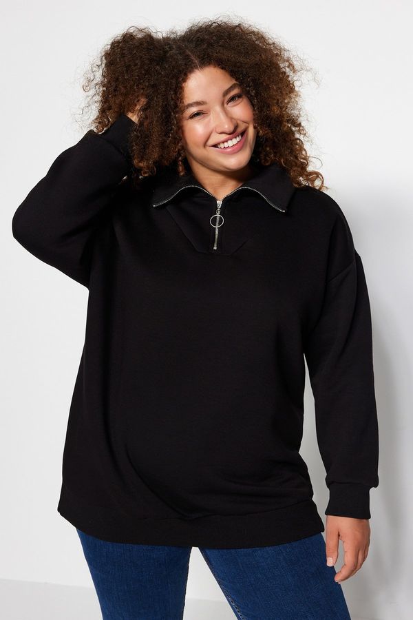 Trendyol Trendyol Curve Black Thick Fleece Zippered Knitted Sweatshirt