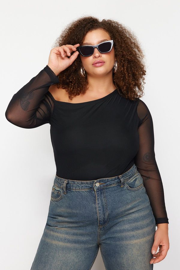 Trendyol Trendyol Curve Black Tulle Lined Asymmetric Collar Knitted Plus Size Blouse