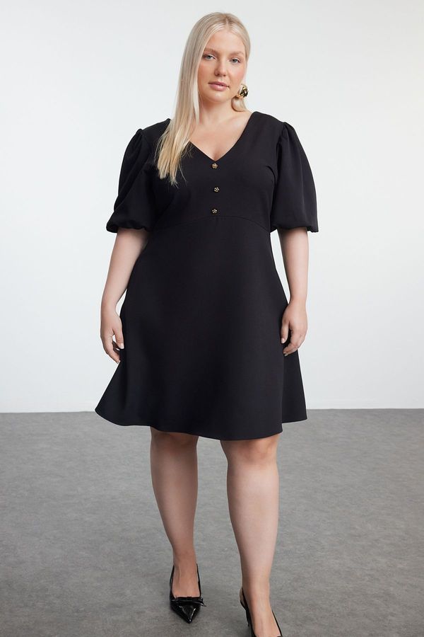 Trendyol Trendyol Curve Black V-Neck Balloon Sleeve Mini A-Line Woven Plus Size Dress