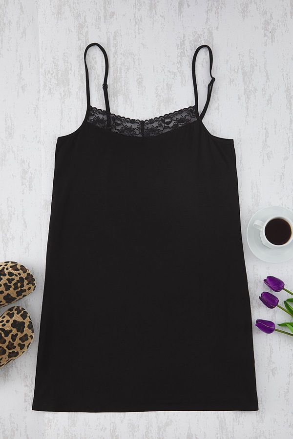 Trendyol Trendyol Curve Black V Neck Lace Knitted Nightgown