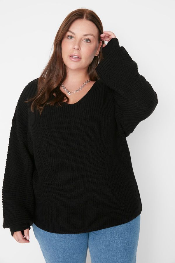 Trendyol Trendyol Curve Black V Neck Off Shoulder Knitwear Sweater