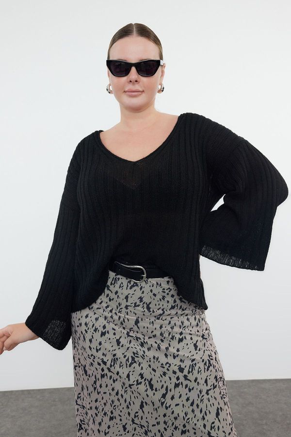 Trendyol Trendyol Curve Black V-Neck Ribbed Knitwear Sweater