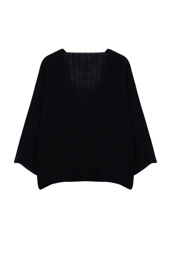 Trendyol Trendyol Curve Black V-Neck Ribbed Knitwear Sweater