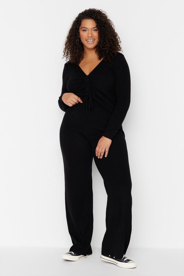 Trendyol Trendyol Curve Black V-Neck Tie Detail Knitwear Blouse & Pants Set