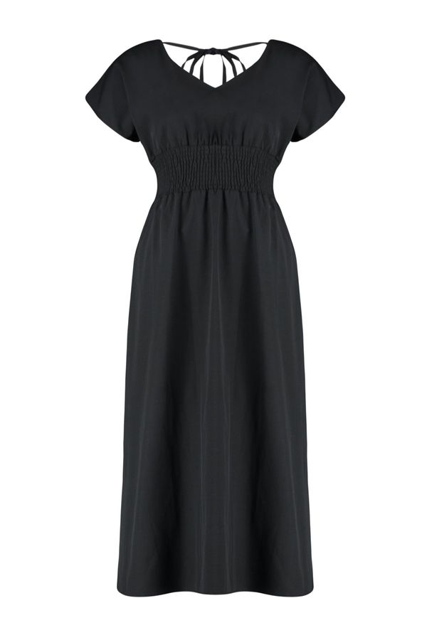 Trendyol Trendyol Curve Black V Neck Woven Dress with Gathered Waist