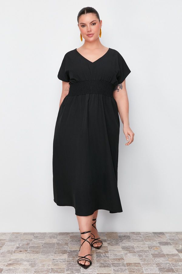 Trendyol Trendyol Curve Black V Neck Woven Dress with Gathered Waist