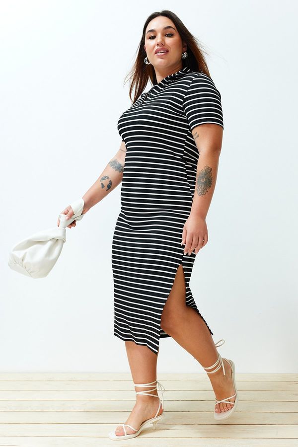 Trendyol Trendyol Curve Black-White Striped Polo Collar Knitted Dress