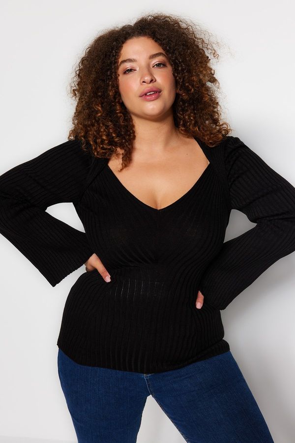 Trendyol Trendyol Curve Black Wide Neck Ribbed Knitwear Sweater