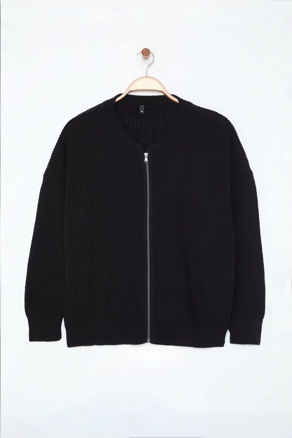 Trendyol Trendyol Curve Black Zippered Crew Neck Knitwear Cardigan