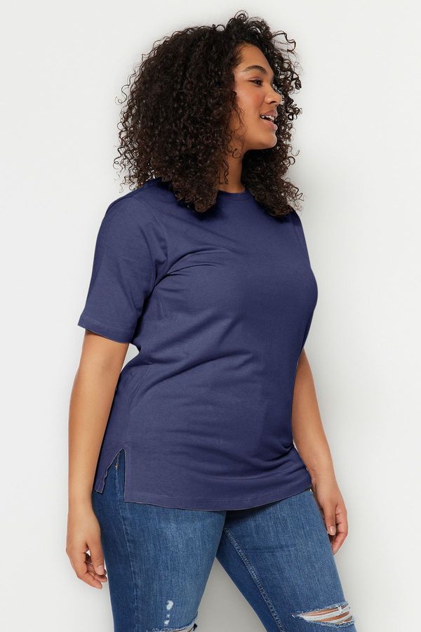 Trendyol Trendyol Curve Blue Boyfriend Crew Neck Slit 100% Cotton Knitted T-Shirt