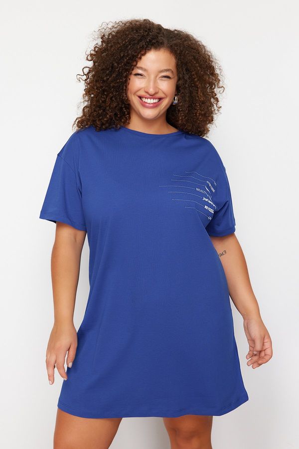 Trendyol Trendyol Curve Blue Crew Neck Printed T-shirt 100% Cotton Knitted Dress