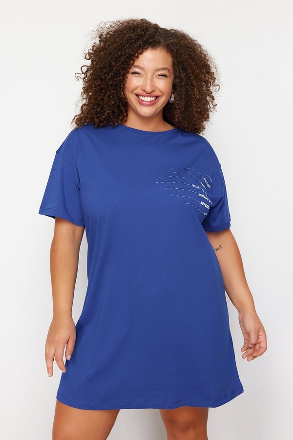 Trendyol Trendyol Curve Blue Crew Neck Printed T-shirt Knitted Dress