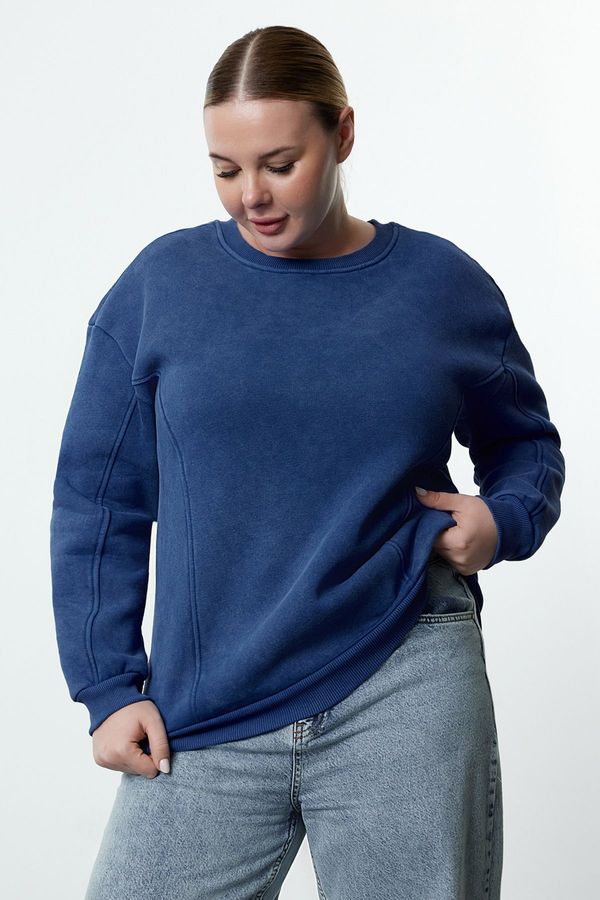 Trendyol Trendyol Curve Blue Fleece Inside Crew Neck Knitted Plus Size Sweatshirt