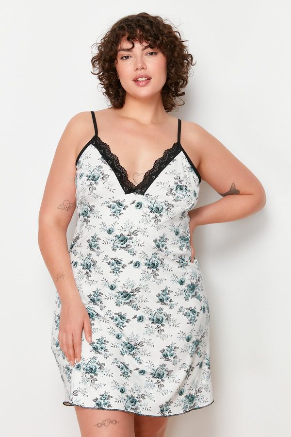 Trendyol Trendyol Curve Blue Floral Lace Knitted Nightgown