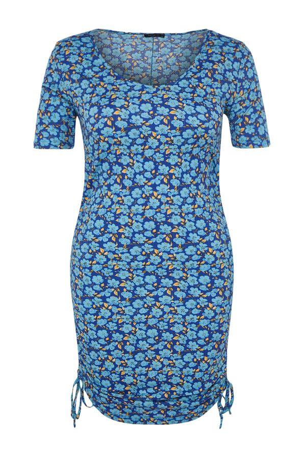 Trendyol Trendyol Curve Blue Floral Pattern Knitted Dress with Smocking Details on the Sides and Fitting