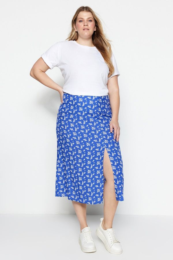 Trendyol Trendyol Curve Blue Floral Pattern Woven Viscose Skirt with a Slit
