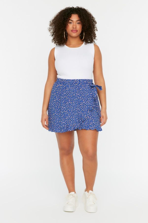 Trendyol Trendyol Curve Blue Floral Patterned Woven Tied Shorts Skirt