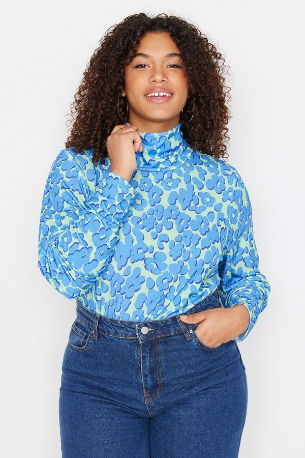 Trendyol Trendyol Curve Blue Floral Print Knitted Body with Snap fastener