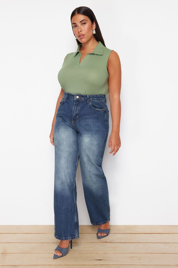 Trendyol Trendyol Curve Blue High Waist Wide Leg Denim Trousers